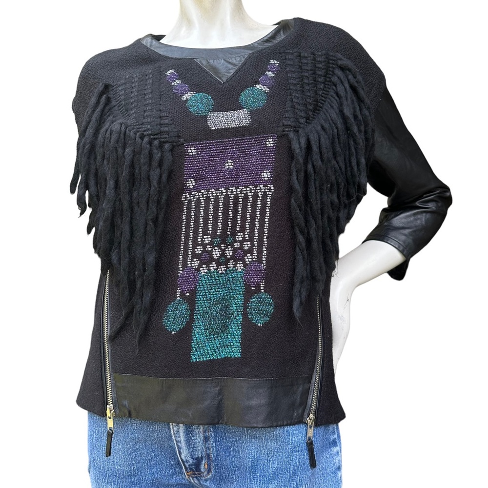 MILLY Sparkle-Robot Leather Top Wool Blend Knit Chunky Sweater | Size: Small